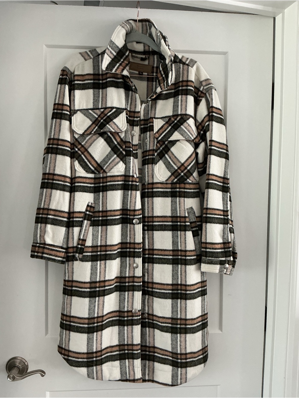 Blank NYC White Plaid Long Shacket with Brown & Black Stripes, snap close, Med